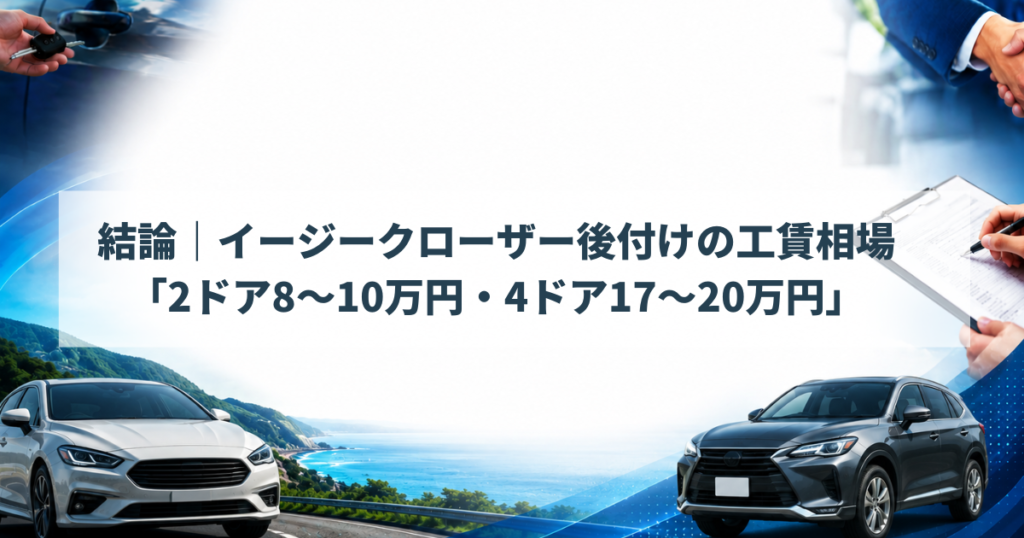 結論｜イージークローザー後付けの工賃相場は「2ドア8〜10万円・4ドア17〜20万円」