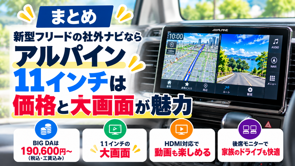 まとめ｜新型フリードの社外ナビならアルパイン11インチは価格と大画面が魅力