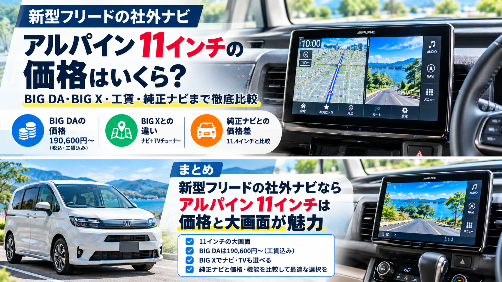 新型フリードの社外ナビ｜アルパイン11インチの価格は？BIG X・工賃・純正ナビと比較
